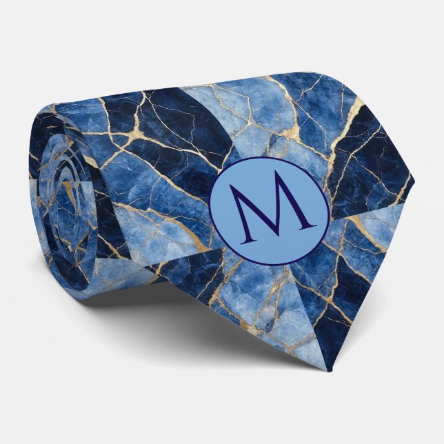 Monogramm-Halstuch aus Faux-Seide | Blau + Goldmar Krawatte (Gerollt)