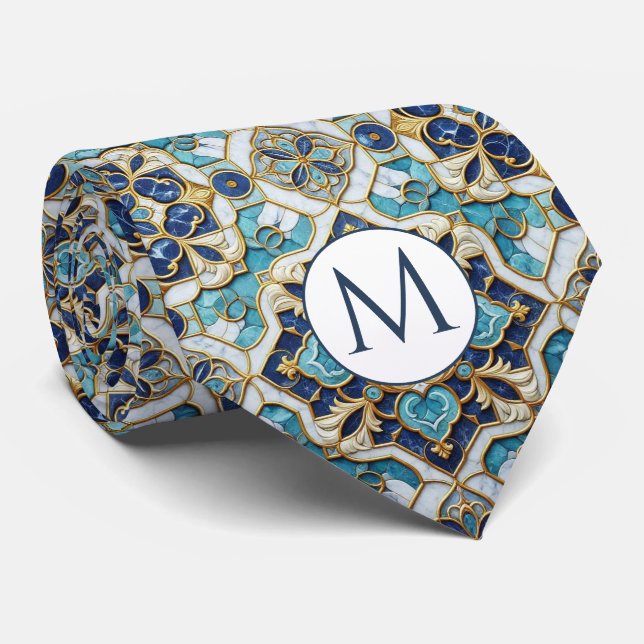 Monogramm-Halstuch aus Faux-Seide | Blau + Goldmar Krawatte (Gerollt)