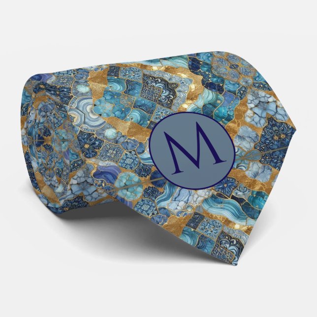 Monogramm-Halstuch aus Faux-Seide | Blau + Goldmar Krawatte (Gerollt)