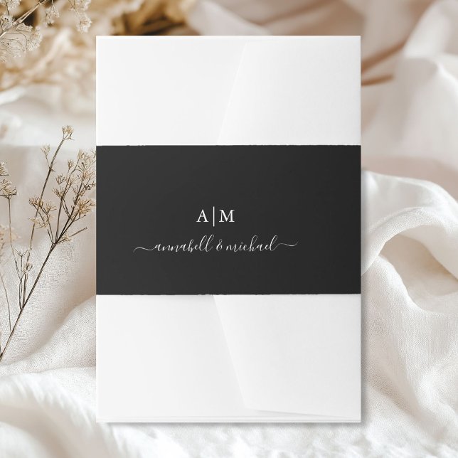 Monogramm, Handschrift, elegant schwarz Einladungsbanderole (Personalized, Monogram, Handwriting, Elegant Black Invitation Belly Band)