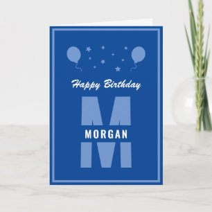 Monogramm Happy Birthday jedes Alter blau und weiß Karte