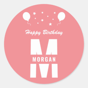 Monogramm Happy Birthday jedes Alter Rosa und Weiß Runder Aufkleber