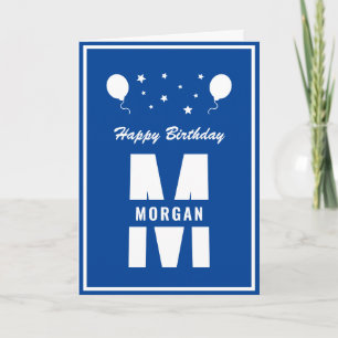 Monogramm Happy Birthday jedes Alter weiß und blau Karte