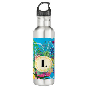 Monogramm hawaiianische tropische Blume und Schmet Edelstahlflasche