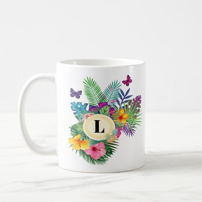 Monogramm hawaiianische tropische Blume und Schmet Kaffeetasse (Links)