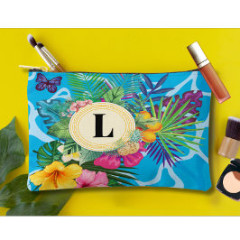 Monogramm hawaiianische tropische Blume und Schmet Zubehörtasche