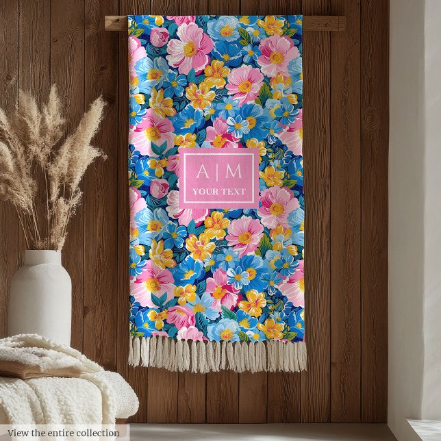 Monogramm heißrosa Aquarelltuch-Preppy-Blume Fleecedecke (Monogram hot pink watercolor preppy flowers gift Fleece Blanket )