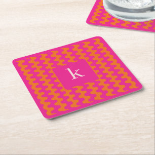 Monogramm Heißrosa Orange Fettes Wellenmuster Rechteckiger Pappuntersetzer