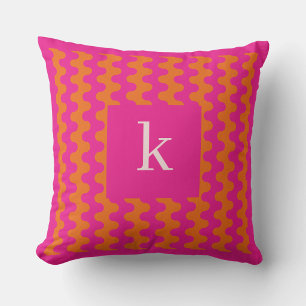 Monogramm Heißrosa Orange Kühnes Wellenmuster Kissen