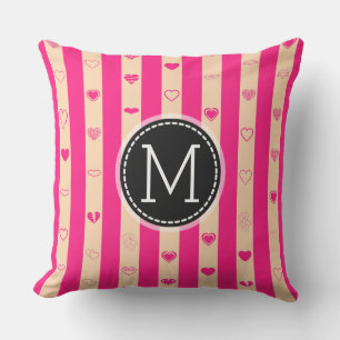 Monogramm Heißrosa Streifen Modernes Herz Muster Kissen