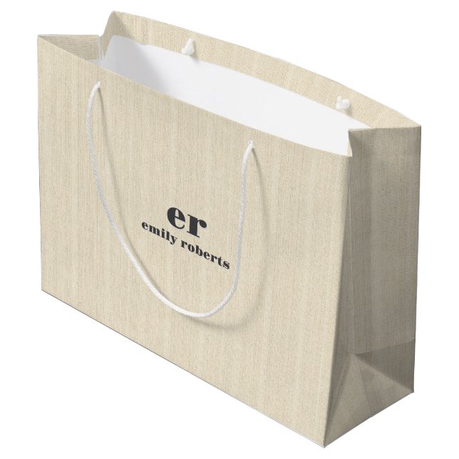 Monogramm Hellbeiger Jute Grau Typografie Große Geschenktüte (Rückseite Schrägansicht)