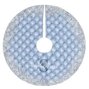 Monogramm Hellblau Tufted Diamant Silber Glitter Polyester Weihnachtsbaumdecke