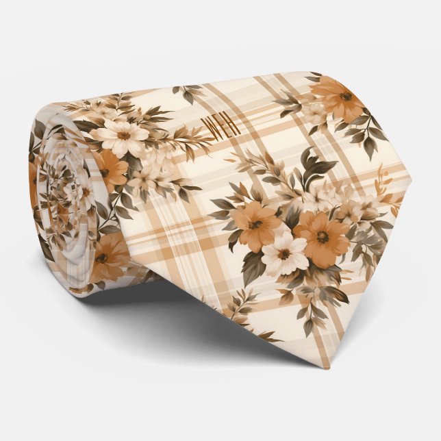 Monogramm Herbst Florals Kariertes Muster Necktie Krawatte (Gerollt)