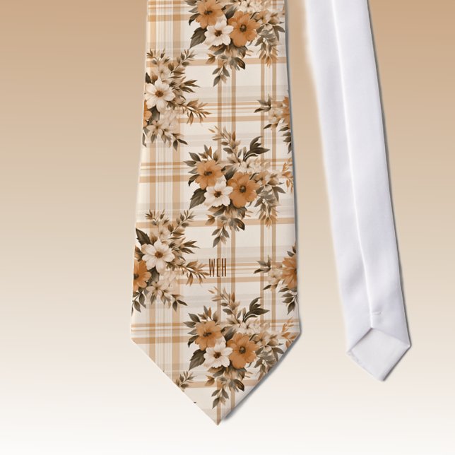 Monogramm Herbst Florals Kariertes Muster Necktie Krawatte (Von Creator hochgeladen)