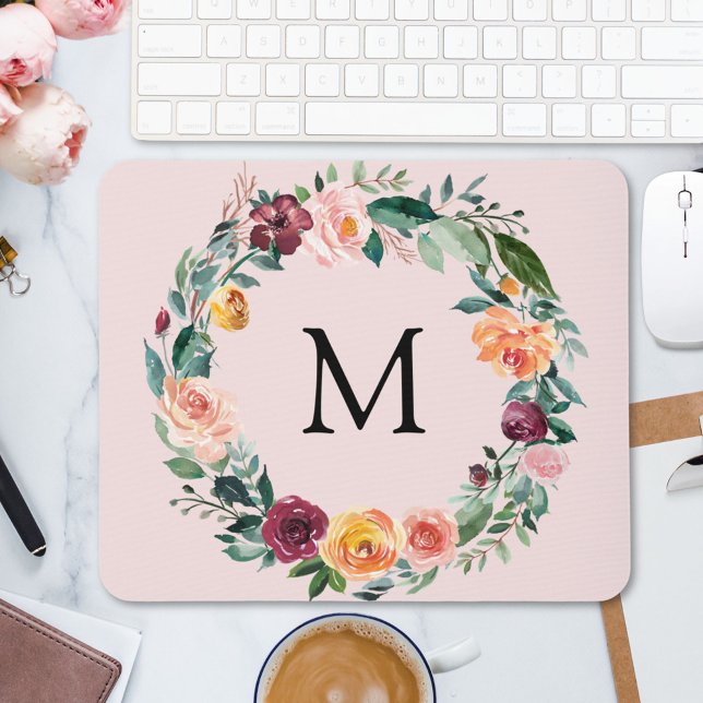 Monogramm Herbst Herbstrose Blumen Blumenkranz  Mousepad (In situ)
