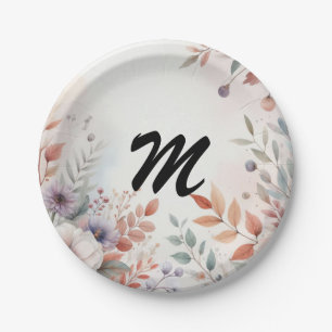 Monogramm Herbstblätter und Blumen Aquarell Pappteller