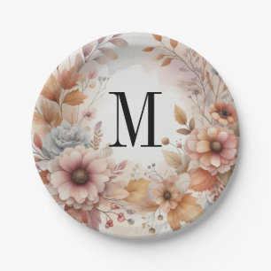 Monogramm Herbstblätter und Blumen Aquarell Pappteller