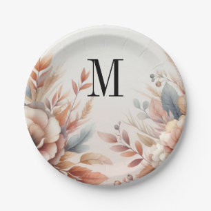 Monogramm Herbstblätter und Blumen Aquarell Pappteller