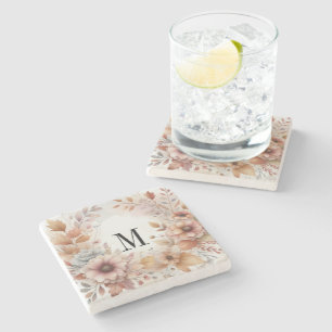 Monogramm Herbstblätter und Blumen Aquarell Steinuntersetzer