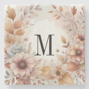 Monogramm Herbstblätter und Blumen Aquarell  Steinuntersetzer