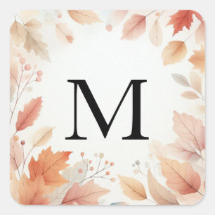 Monogramm Herbstblätter Wasserfarbe Pastellfarbe Quadratischer Aufkleber