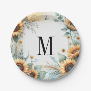 Monogramm Herbstblumen und Sonnenblumen Aquarell Pappteller