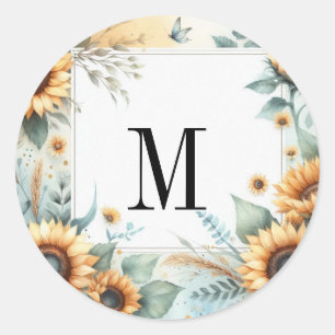Monogramm Herbstblumen und Sonnenblumen Aquarell Runder Aufkleber
