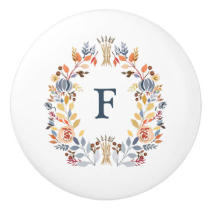 Monogramm Herbstfarben Gelb, Orange Rot Blau Flora Keramikknauf