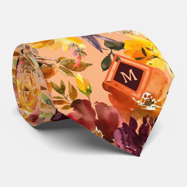Monogramm Herbstfarben Gold Pfirsichfarben Rose Bl Krawatte (Gerollt)