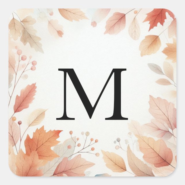 Monogramm Herbstlaub Aquarellfarbe Quadratischer Aufkleber (Vorderseite)