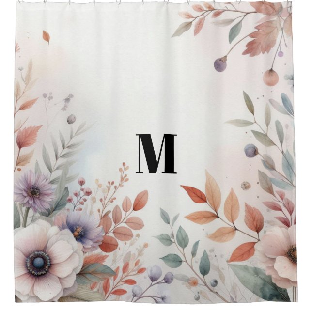Monogramm Herbstlaub und Blume, Aquarell Duschvorhang (Vorderseite)