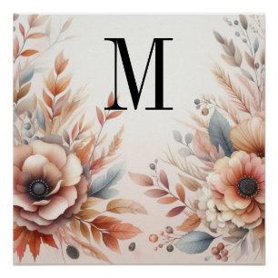 Monogramm Herbstlaub und Blume, Aquarell Poster