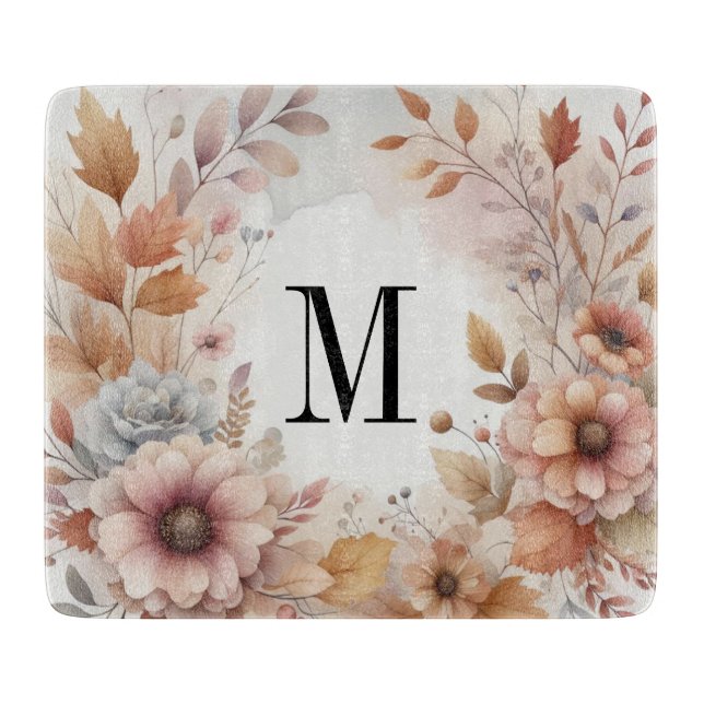 Monogramm Herbstlaub und Blume, Aquarell Schneidebrett (Vorderseite)
