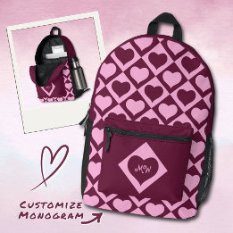 Monogramm Herz Karomuster Bordeaux Rosa Bedruckter Rucksack