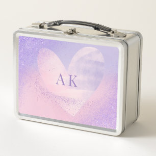 Monogramm Herz-Lunchbox mit lila-pinkem Farbverlau Metall Brotdose