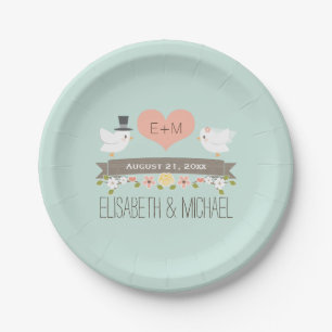 Monogramm Herz Mintgrün Liebesvogel Taube Hochzeit Pappteller