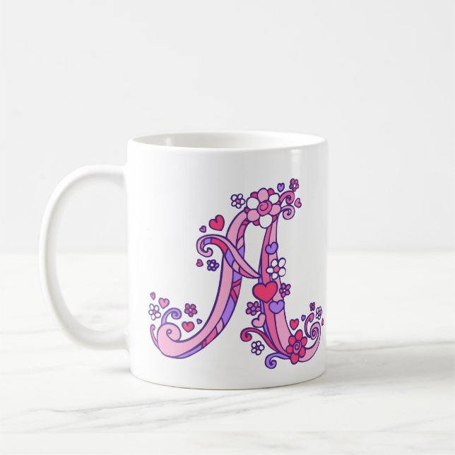 Monogramm Herz und Blume Rosa lila Tasse (Links)
