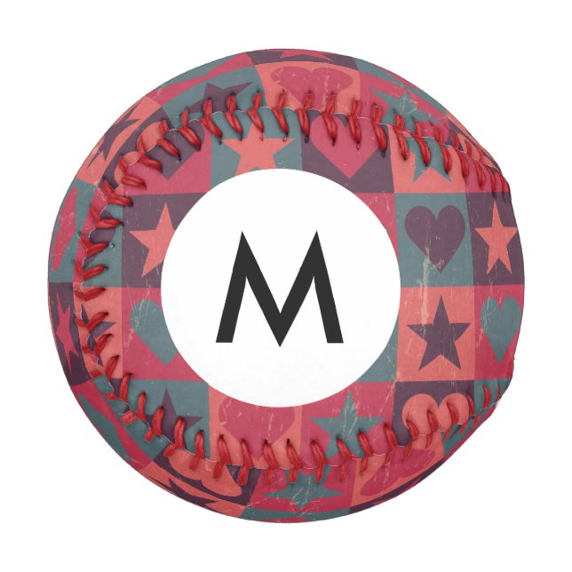 Monogramm-Herzen- und Sterne-Muster Rosa Baseball (Vorderseite Links)