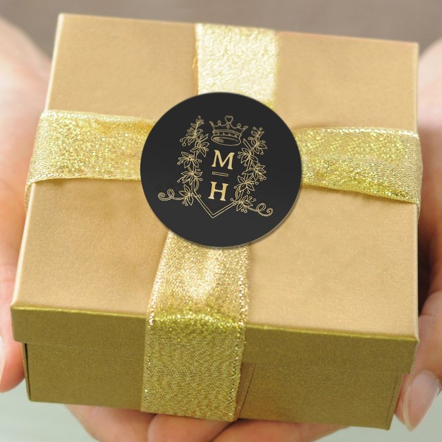 Monogramm Herzkronengold Schwarze Hochzeit Wappen Runder Aufkleber (Von Creator hochgeladen)