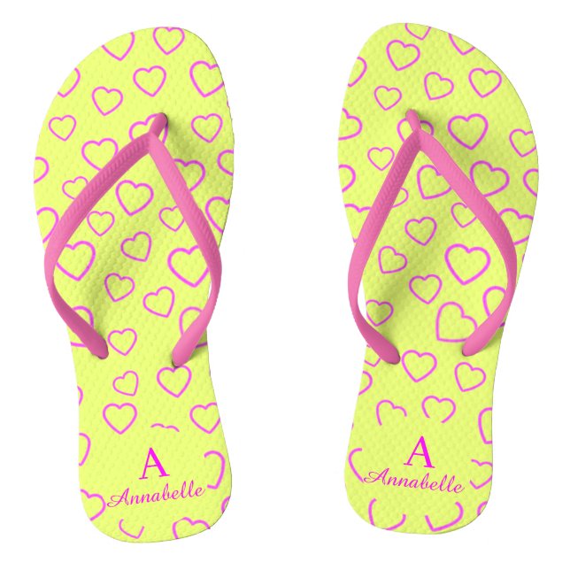 Monogramm-Herzmuster Gelb Pink Flip Flops (Fußbett)