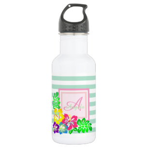 Monogramm,Hibiskus auf Streifen Personalisiert Edelstahlflasche