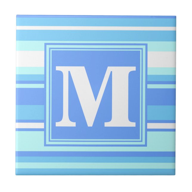Monogramm Himmelsblau Streifen Fliese (Vorderseite)
