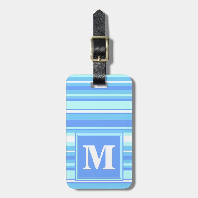 Monogramm Himmelsblau Streifen Gepäckanhänger (Vorderseite vertikal)