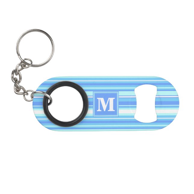 Monogramm Himmelsblau Streifen Mini Flaschenöffner (Vorderseite (Horizontal))