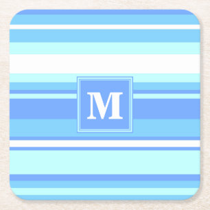 Monogramm Himmelsblau Streifen Rechteckiger Pappuntersetzer