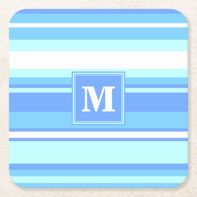 Monogramm Himmelsblau Streifen Rechteckiger Pappuntersetzer (Vorderseite)