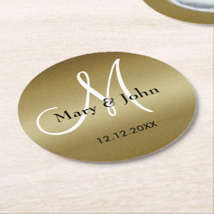 Monogramm-Hochzeit danken Ihnen Shimmery Gold Runder Pappuntersetzer