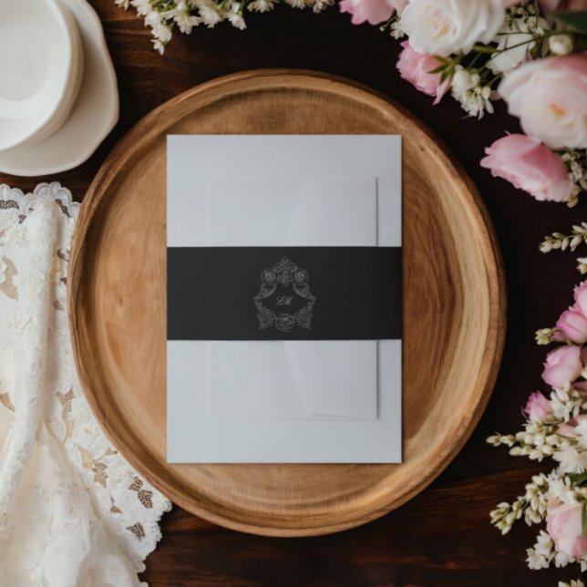 Monogramm-Hochzeit für Schwarz-Weiß-Wappen Einladungsbanderole (Von Creator hochgeladen)