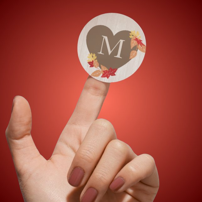 Monogramm-Hochzeit im Herbst- oder Brautparty-Aufk Runder Aufkleber (Fall Leaves Monogram Heart Stickers for Fall Wedding, Fall in Love Bridal Showers & More!)