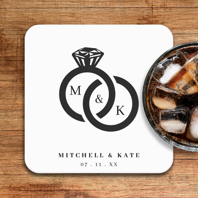 Monogramm-Hochzeit mit weißem und schwarzem Diaman Rechteckiger Pappuntersetzer (White & Black Diamond Ring Monogram Wedding Square Paper Coaster)